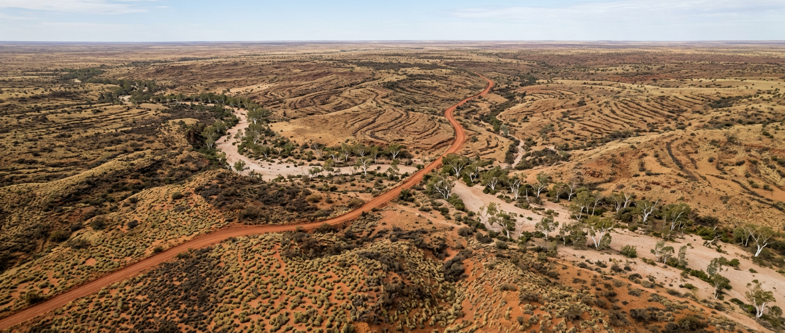 Aerial view of red-dirt Northern Territory country with dry creek lines and spinifex