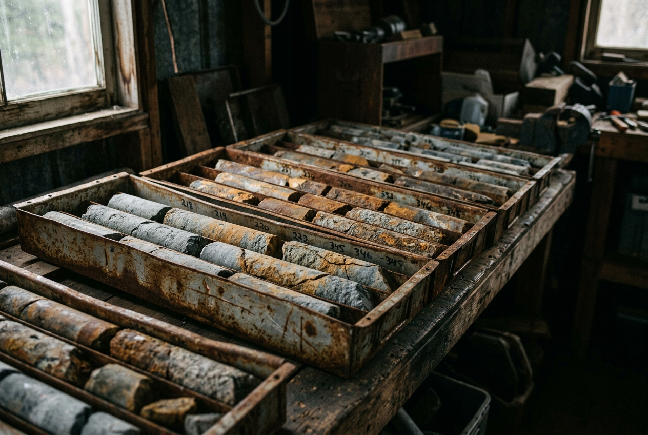 Rows of drill core in trays laid out on red earth